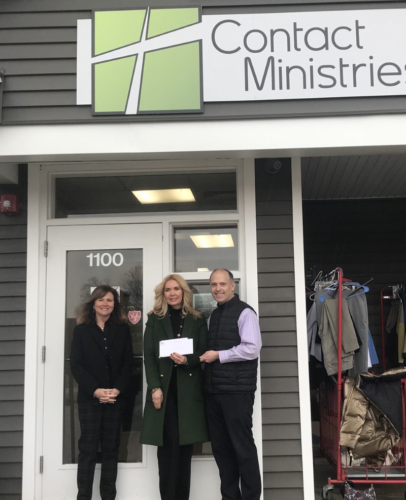 Presenting the check to Contact Ministries Executive Director Cindy Drum (middle) are Lora Huebner, Senior Vice President, and David Chesley, CRA Officer from Bank of Springfield in Springfield, IL.